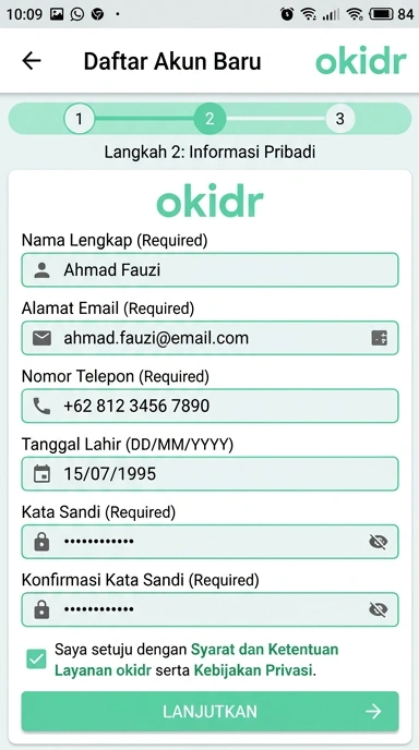 Tampilan halaman daftar okidr
